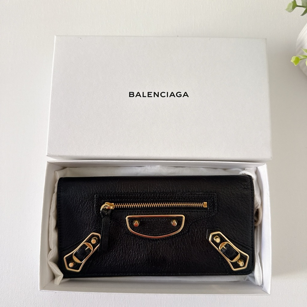Balenciaga Classic Continental Wallet Black Leather Gold Hardware Full Set
